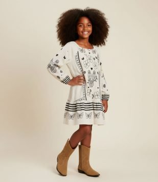 Vestido Infantil em Viscolinho com Estampa Tropical – Tam 5 a 14 Anos Bege Claro