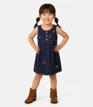 Vestido Jeans Infantil com Bordado e Botões - Tam 1 a 6 Anos Azul